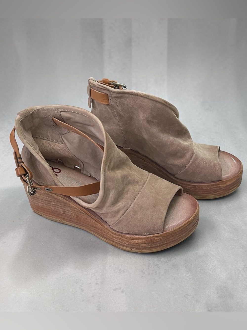 A.S.98 Naya Taupe Leather Suede Platform Wedge Sandals EU 38